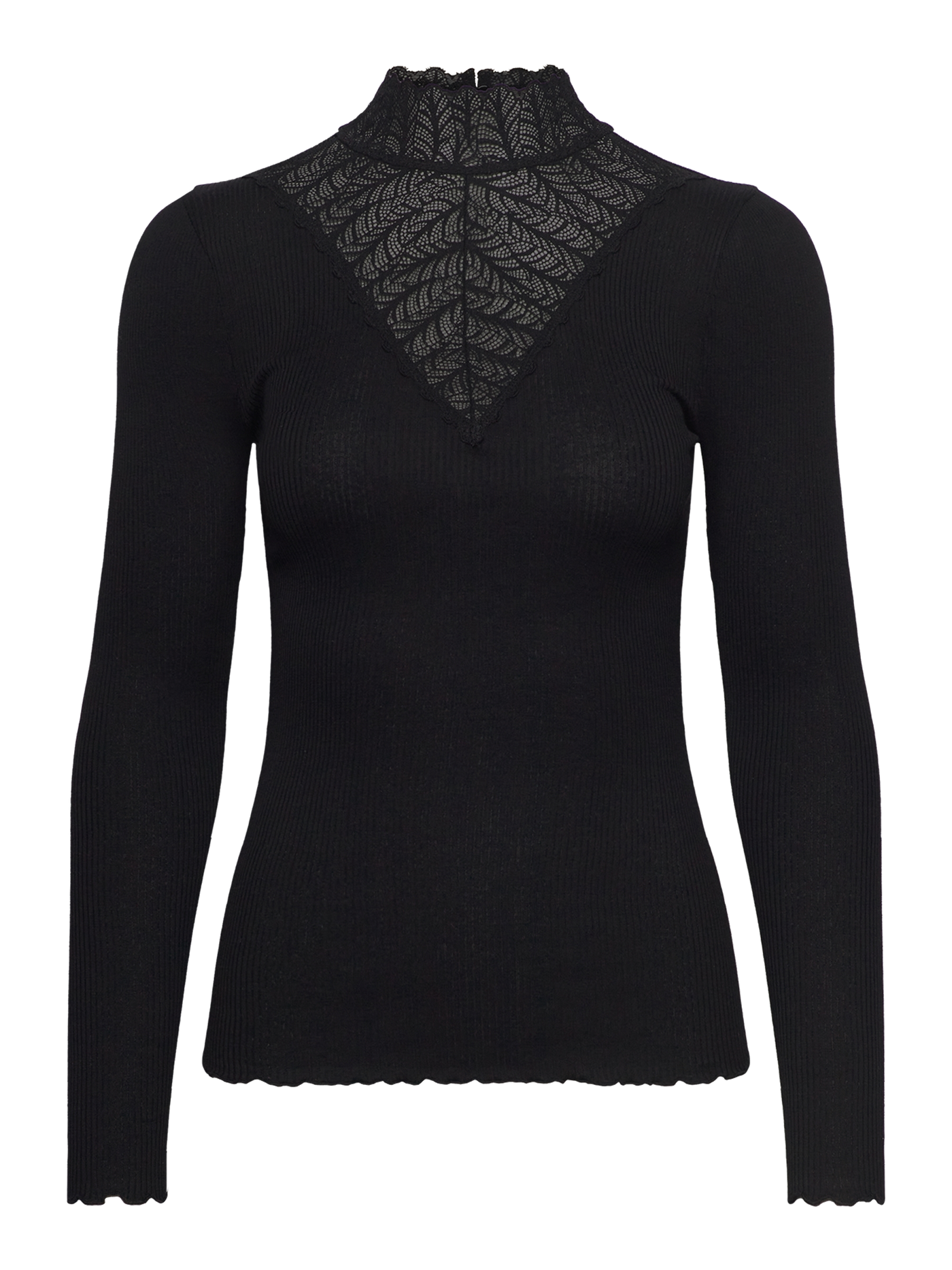 Beatha silk long sleeve tee with high lace neck black