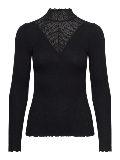 Beatha silk long sleeve tee with high lace neck black