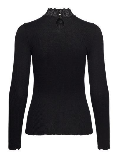 Beatha silk long sleeve tee with high lace neck black