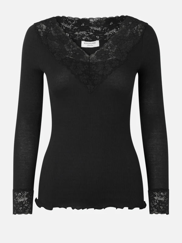 Bernadine organic long sleeve v neck lace t shirt in black