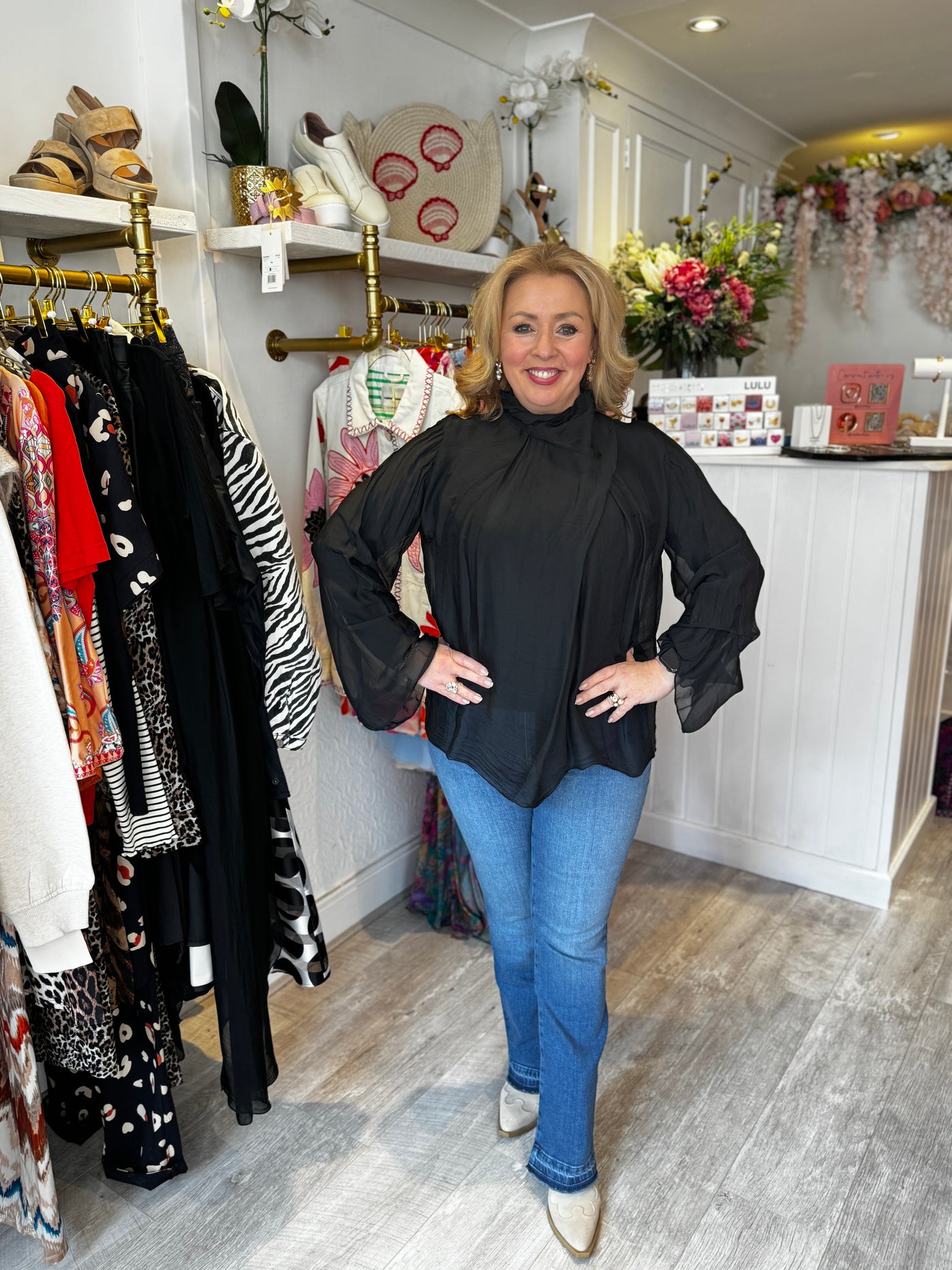 High neck drape silk top