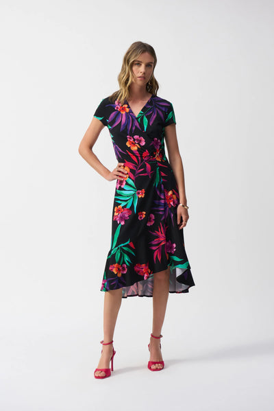 Silky knit tropical print wrap dress