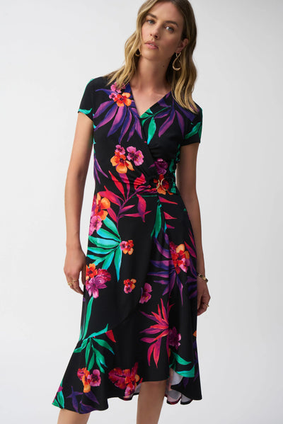 Silky knit tropical print wrap dress