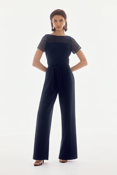 Silky knit and guipere wide leg jumpsuit