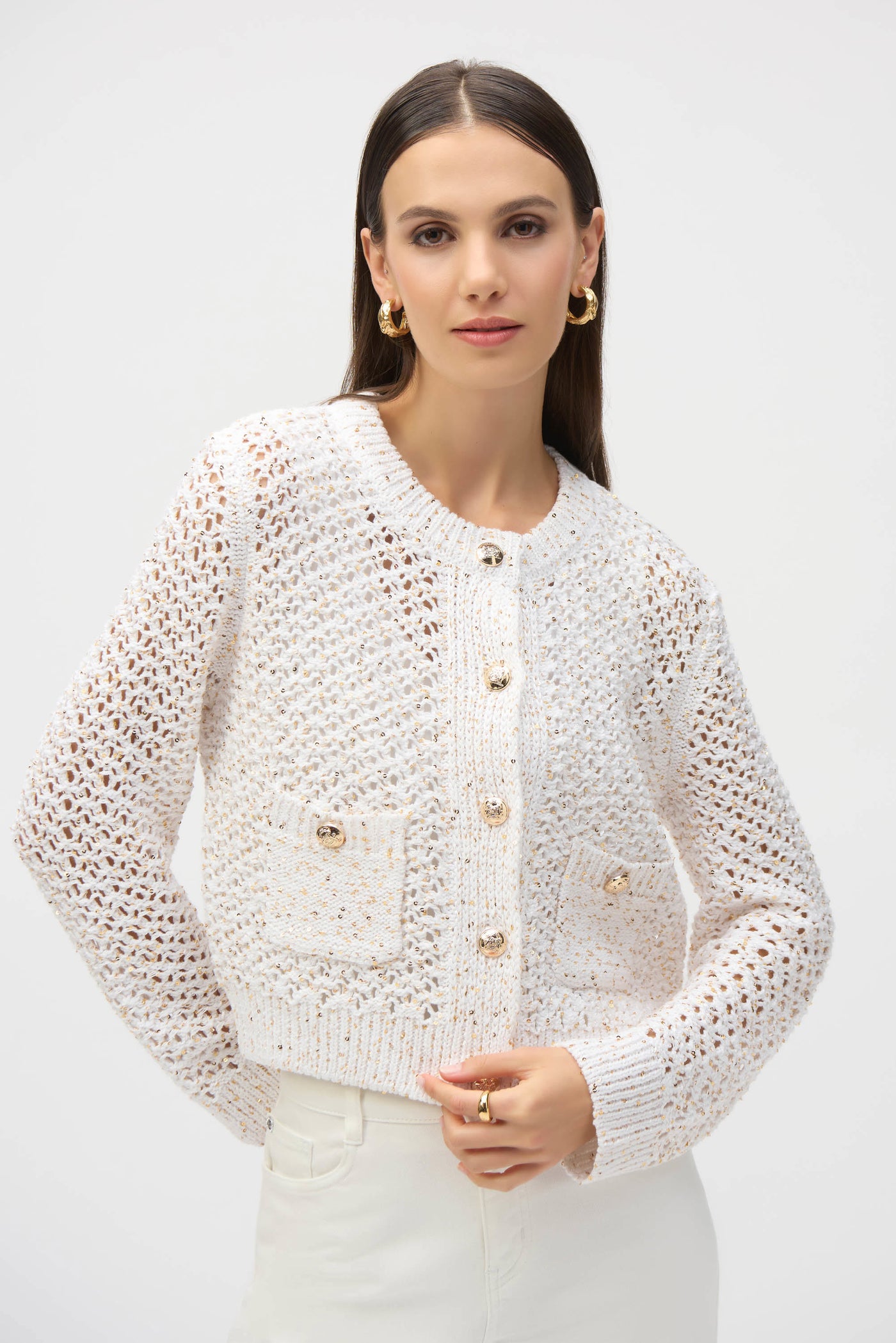 Sweater knit open stitch short cardigan