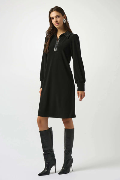 Silky knit and leatherette trapeze dress