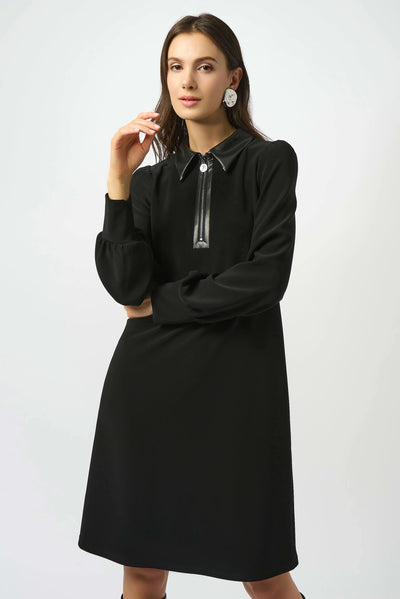 Silky knit and leatherette trapeze dress
