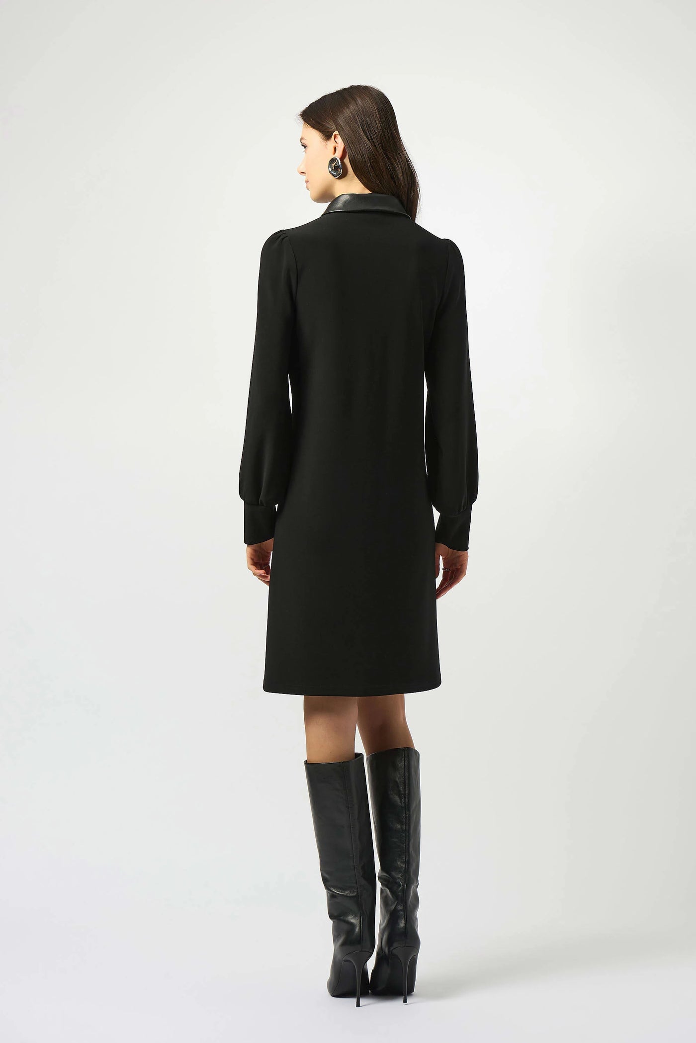 Silky knit and leatherette trapeze dress