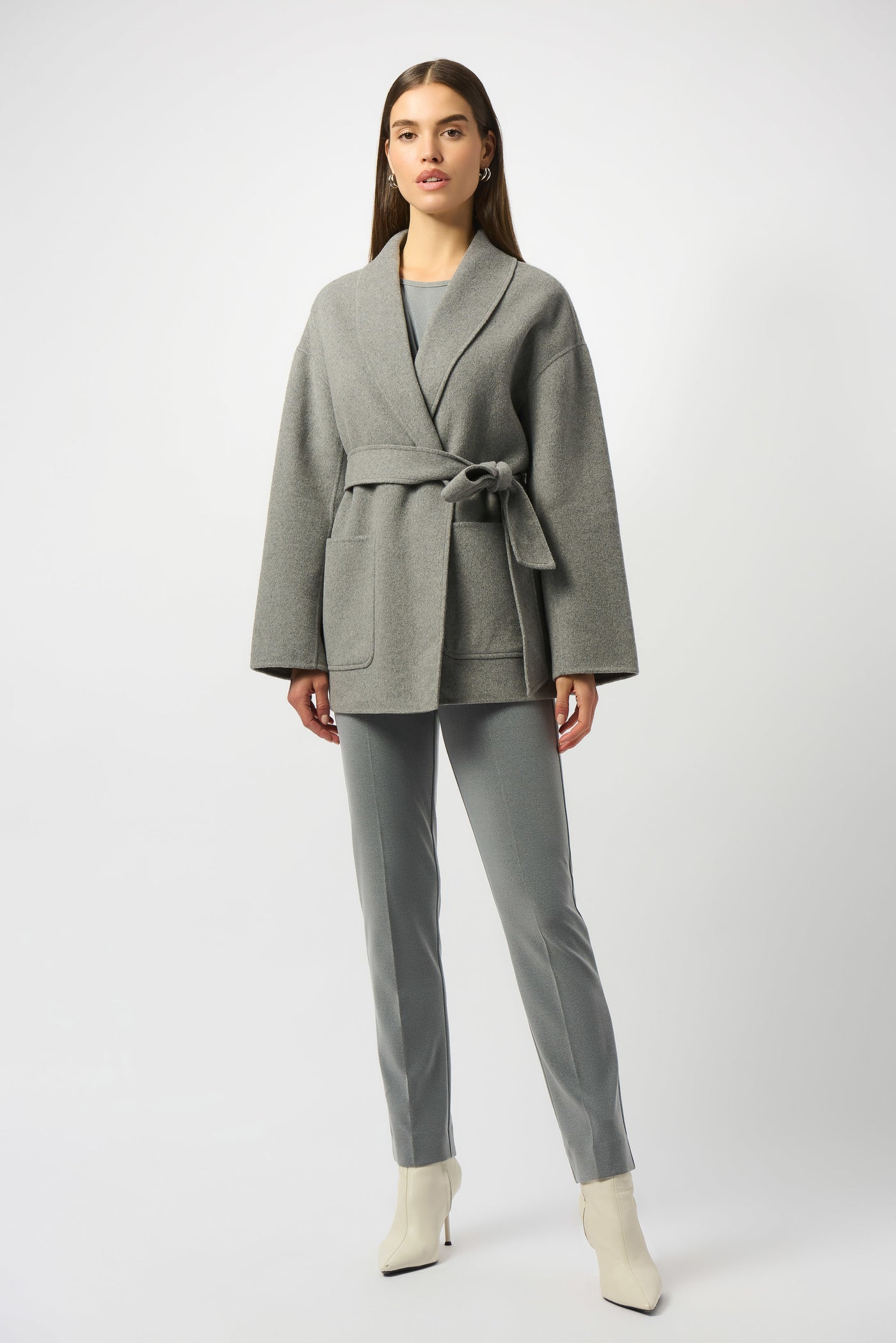Wool blend belted coat with shawl collar