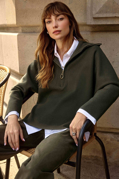 Sweater knit boxy pullover with zipped collar in avocado