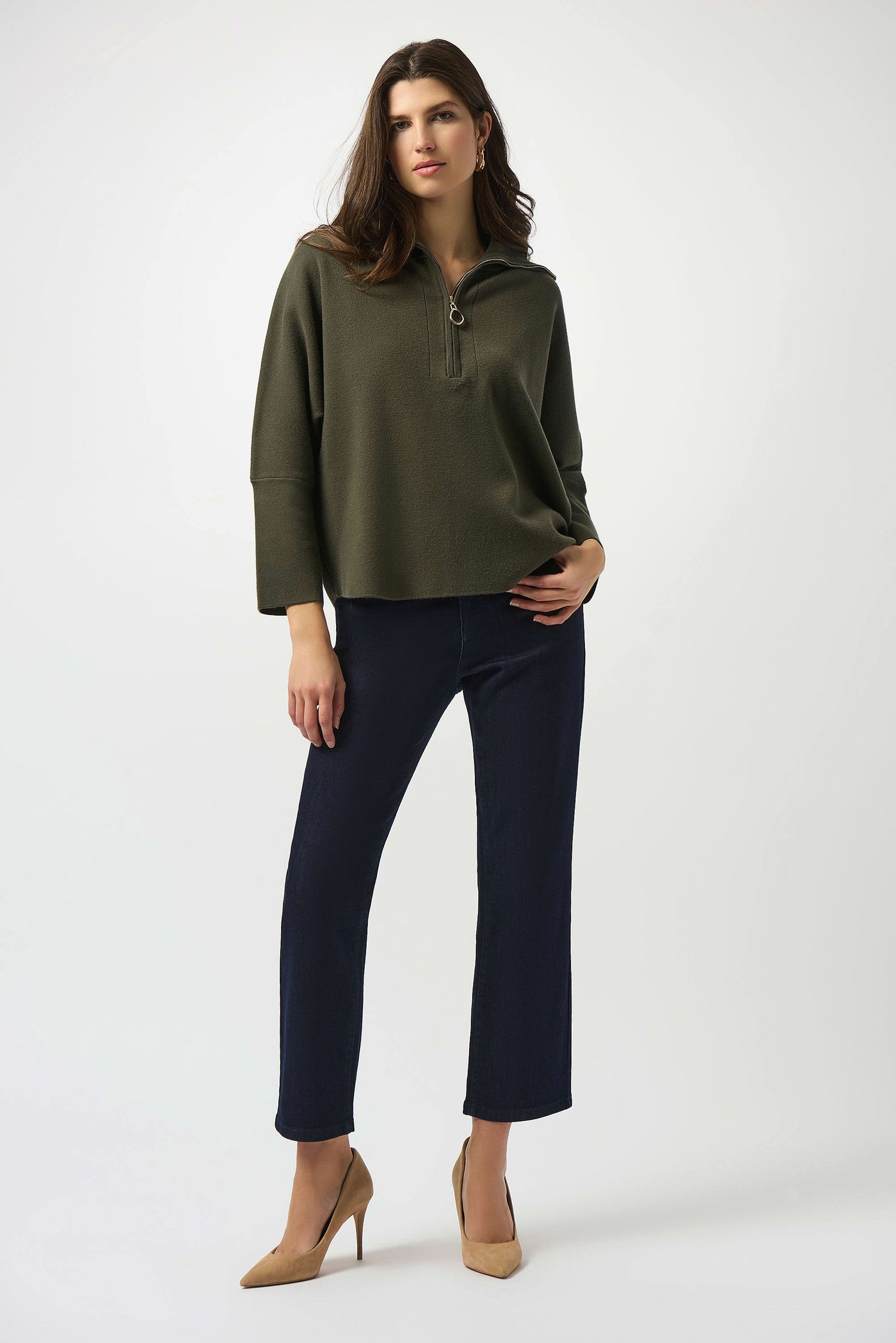 Sweater knit boxy pullover with zipped collar in avocado