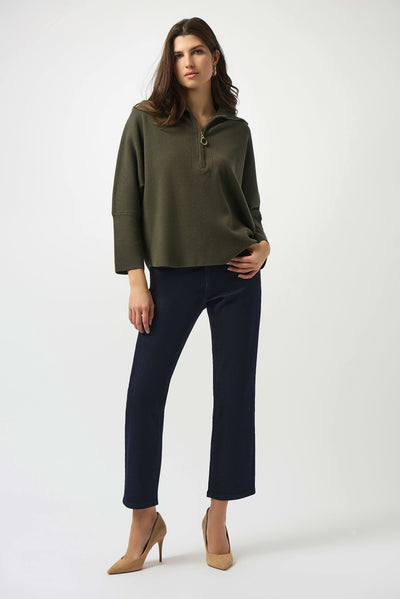 Sweater knit boxy pullover with zipped collar in avocado