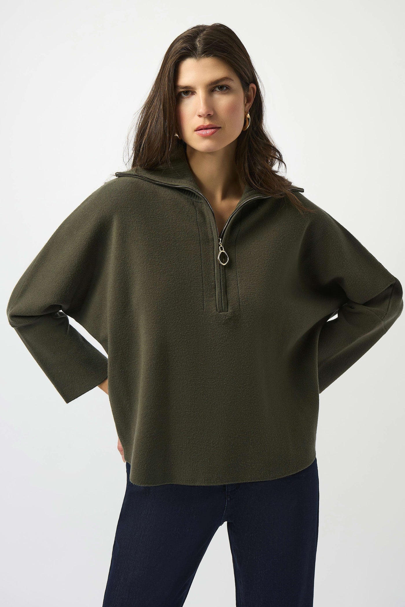 Sweater knit boxy pullover with zipped collar in avocado