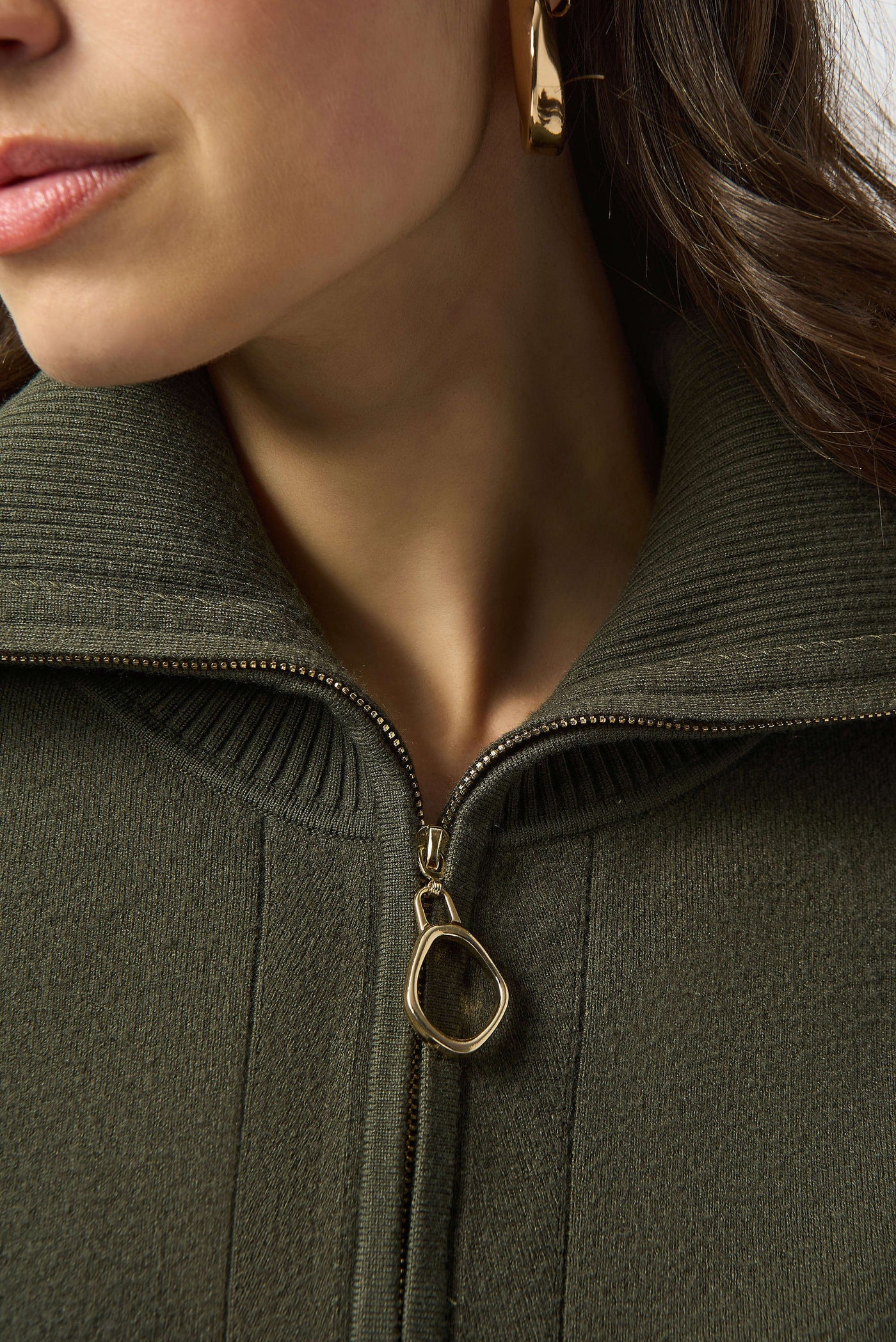 Sweater knit boxy pullover with zipped collar in avocado