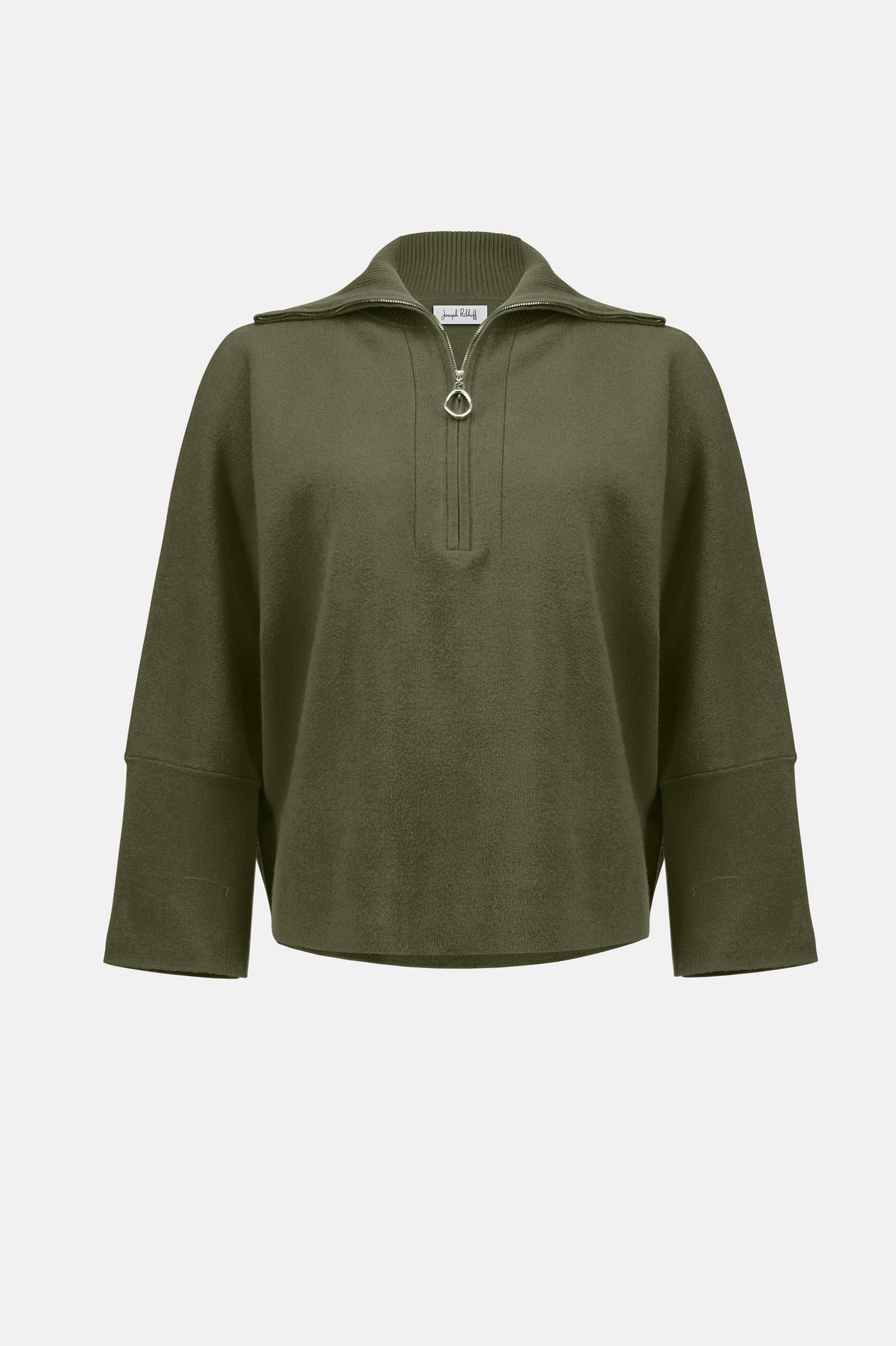 Sweater knit boxy pullover with zipped collar in avocado