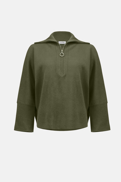 Sweater knit boxy pullover with zipped collar in avocado