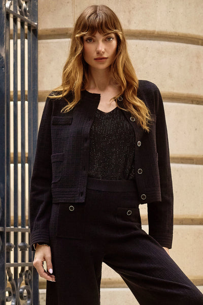 Sweater knit crew neck button front jacket