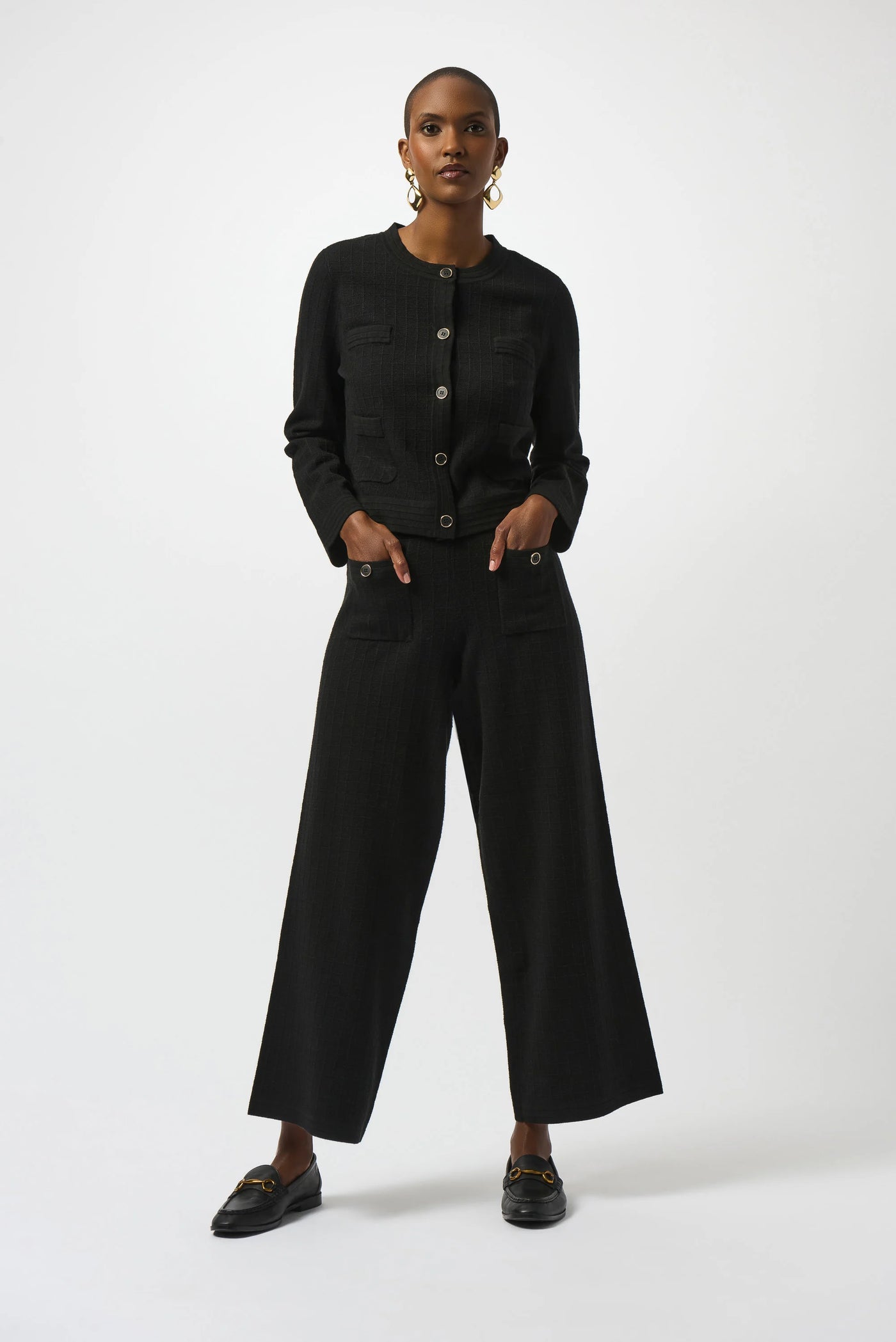 Sweater knit crew neck button front jacket