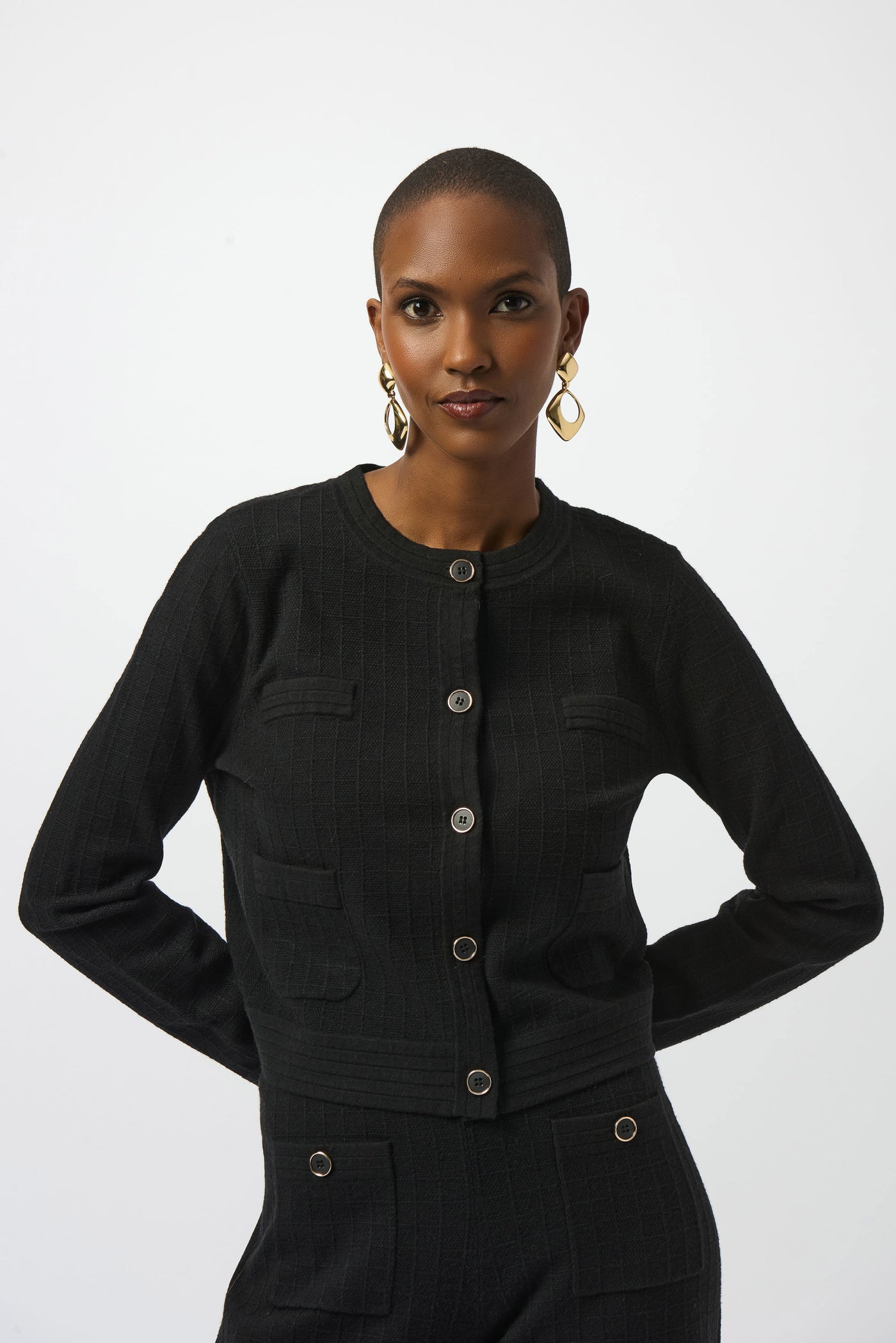 Sweater knit crew neck button front jacket