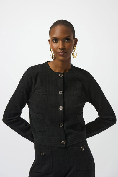 Sweater knit crew neck button front jacket