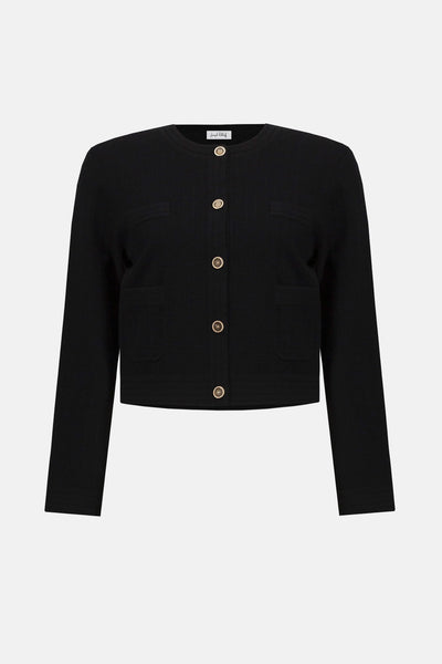 Sweater knit crew neck button front jacket