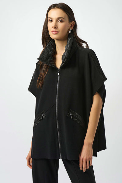 Faux leather trimmed poncho sleeve jacket