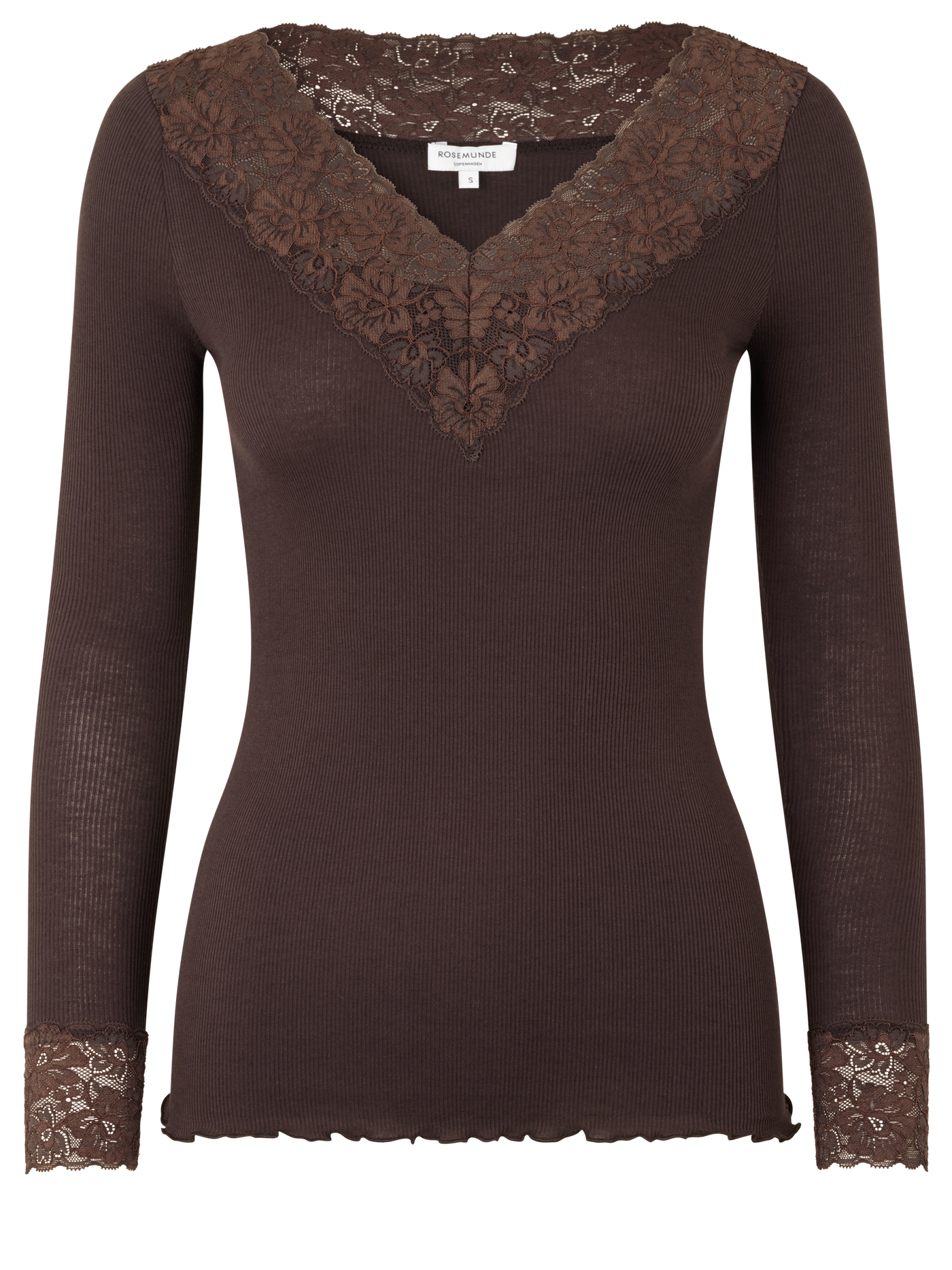 Bernadine organic long sleeve v neck lace t shirt in fudge