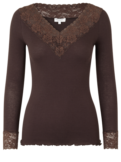 Bernadine organic long sleeve v neck lace t shirt in fudge
