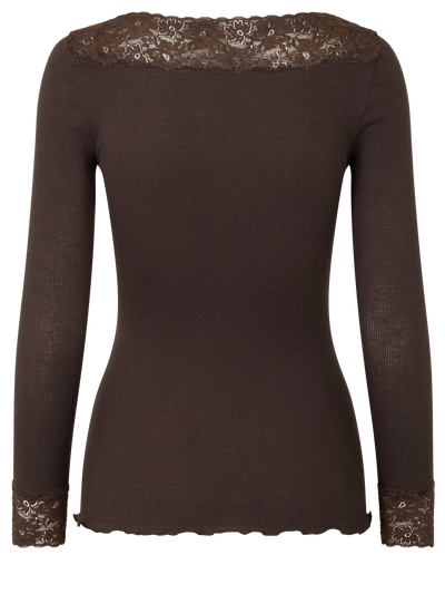 Bernadine organic long sleeve v neck lace t shirt in fudge