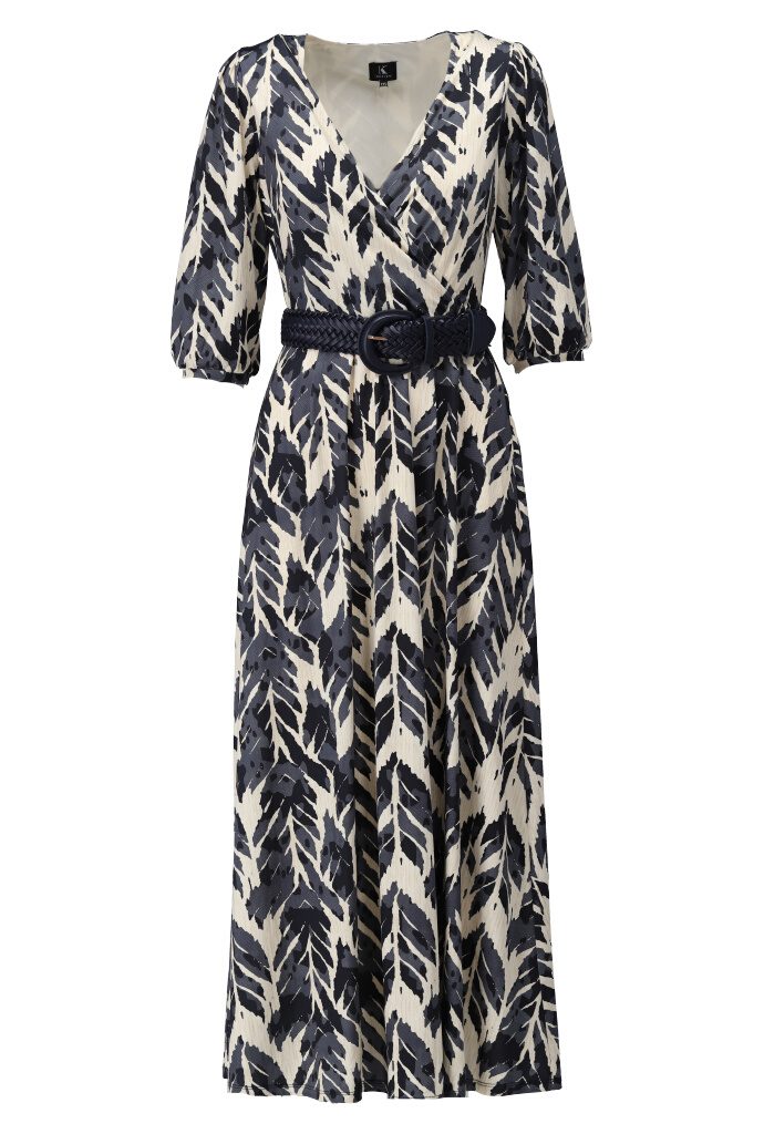 Maxi dress with leaf print and belt