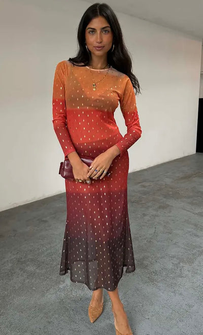 Orange sunset mesh dress in petite length