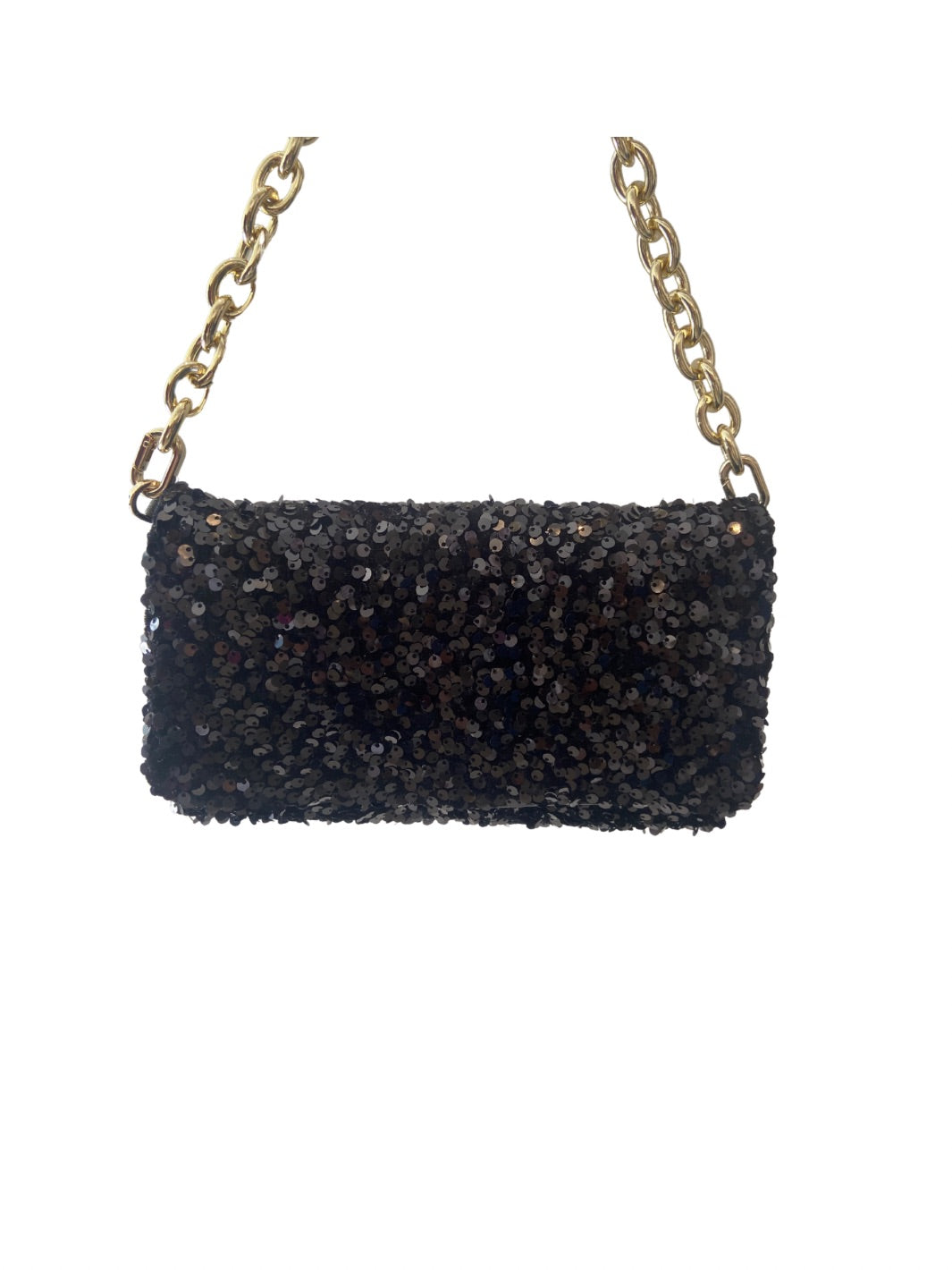 Black sequin clutch with gold chain strap