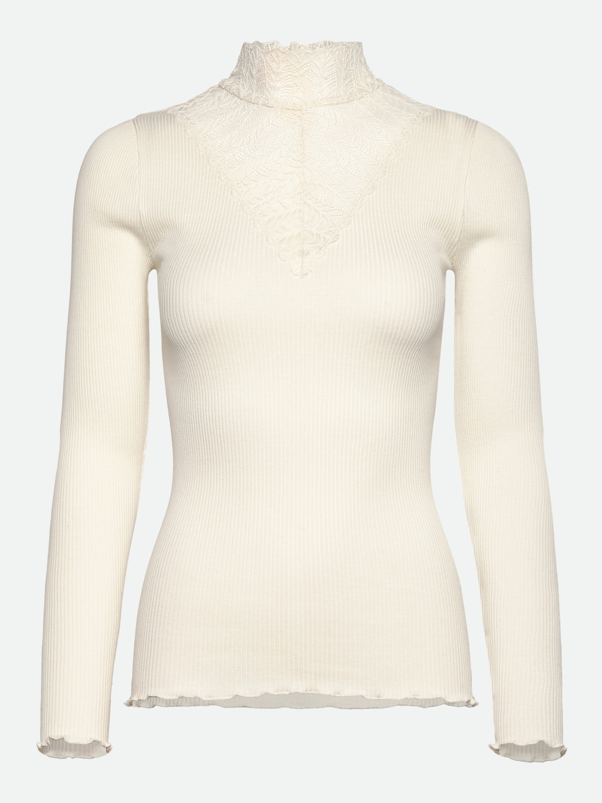 Beatha silk long sleeve tee with high lace neck white