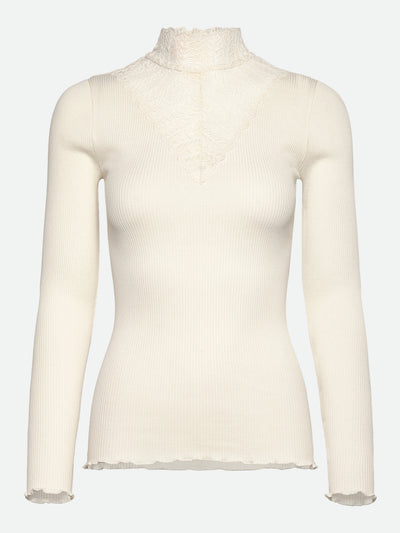 Beatha silk long sleeve tee with high lace neck white