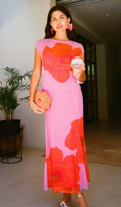 Pink poppy sleeveless mesh dress