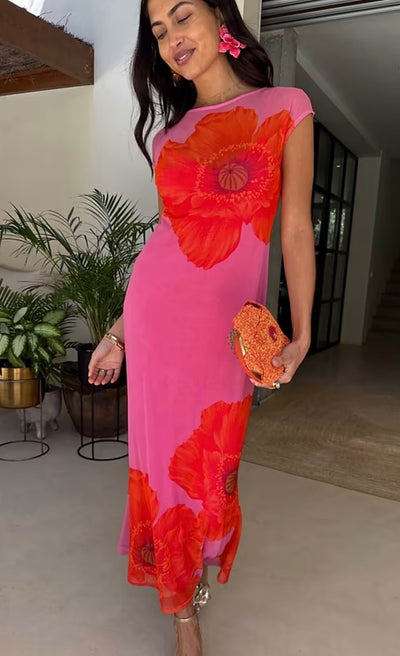 Pink poppy sleeveless mesh dress