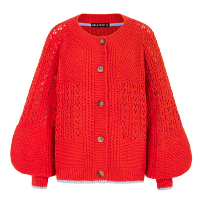 Brigit Pointelle Stitch Balloon Sleeve Cardigan - Orange