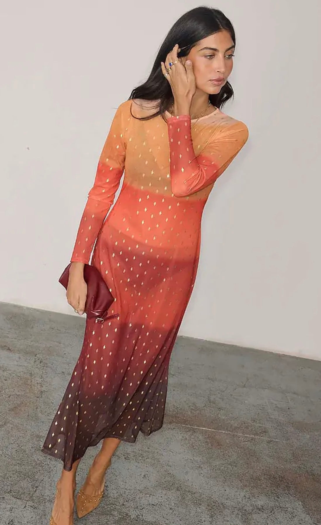 Orange sunset mesh dress in petite length