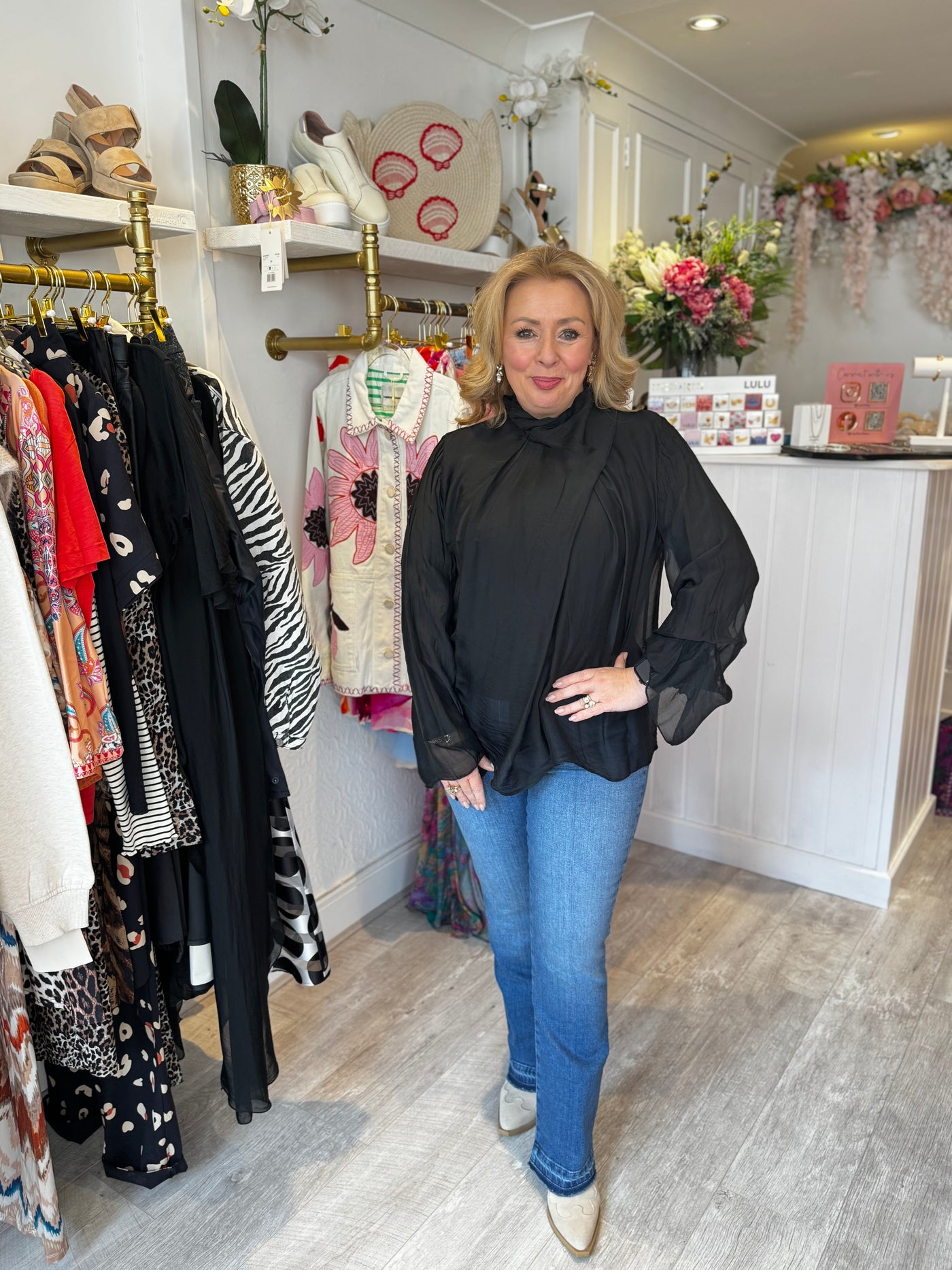 High neck drape silk top
