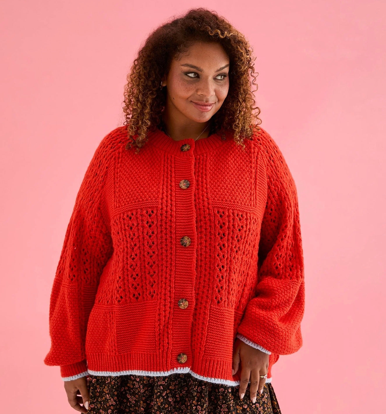 Brigit Pointelle Stitch Balloon Sleeve Cardigan - Orange