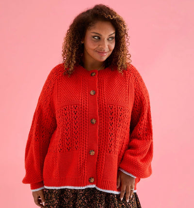Brigit Pointelle Stitch Balloon Sleeve Cardigan - Orange