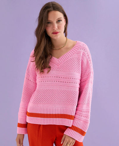 Judith Pointelle Stitch V Neck Jumper - Pink