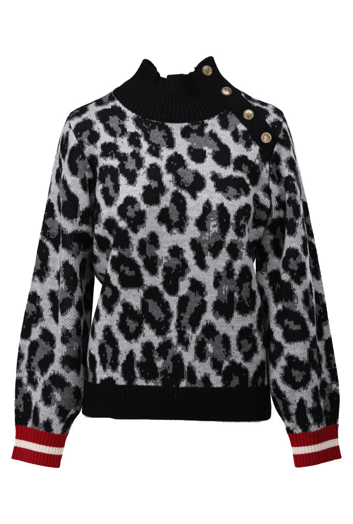 Grey leoaprd print roll neck jumper