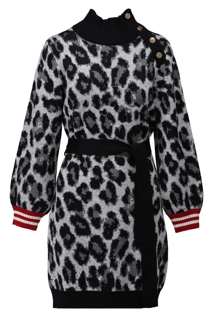 Roll neck jumper dress in leopard print