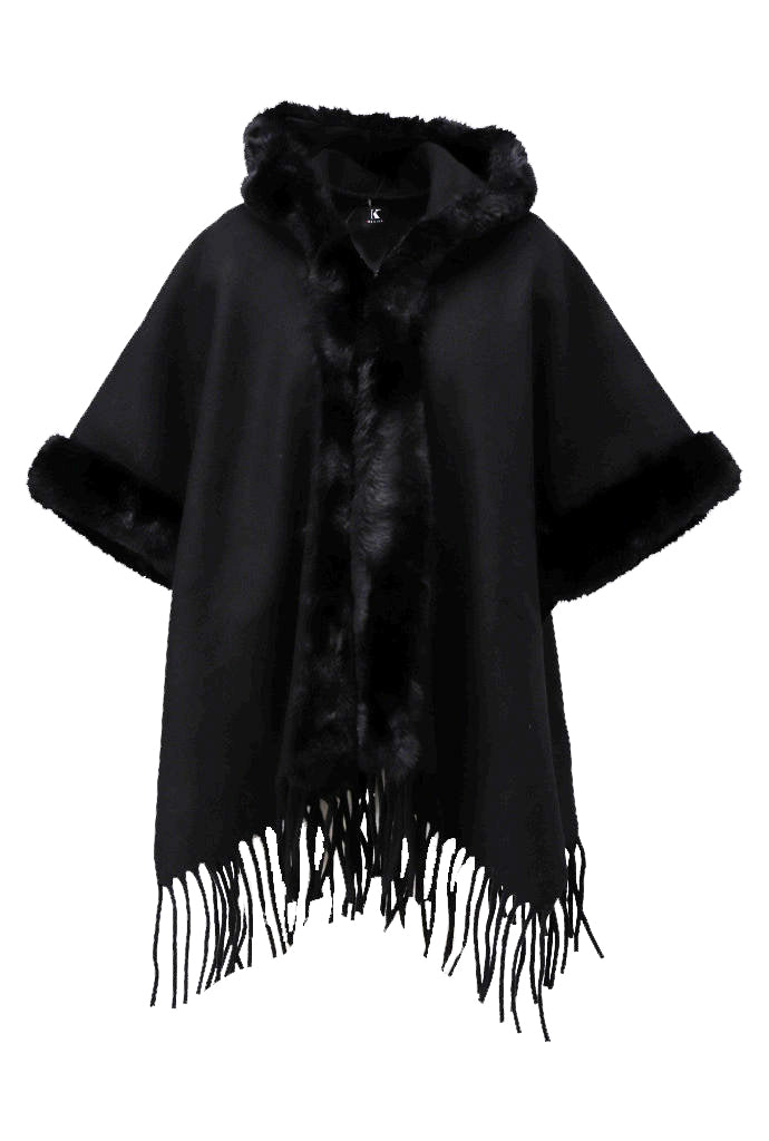 Poncho with faux fur in black