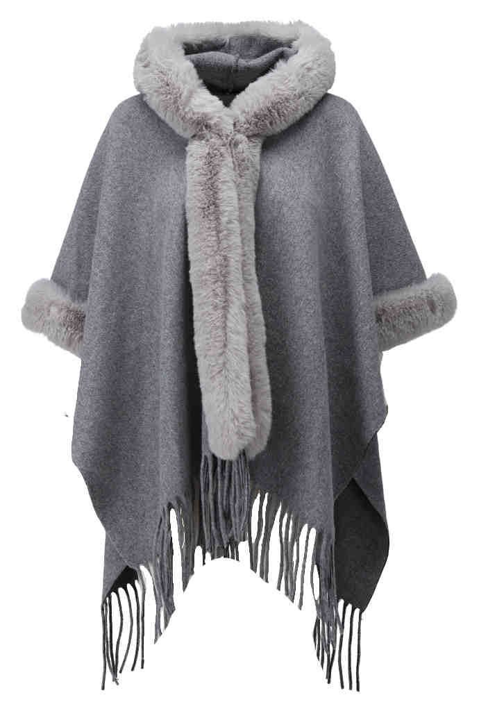 Poncho with faux fur in silver grey