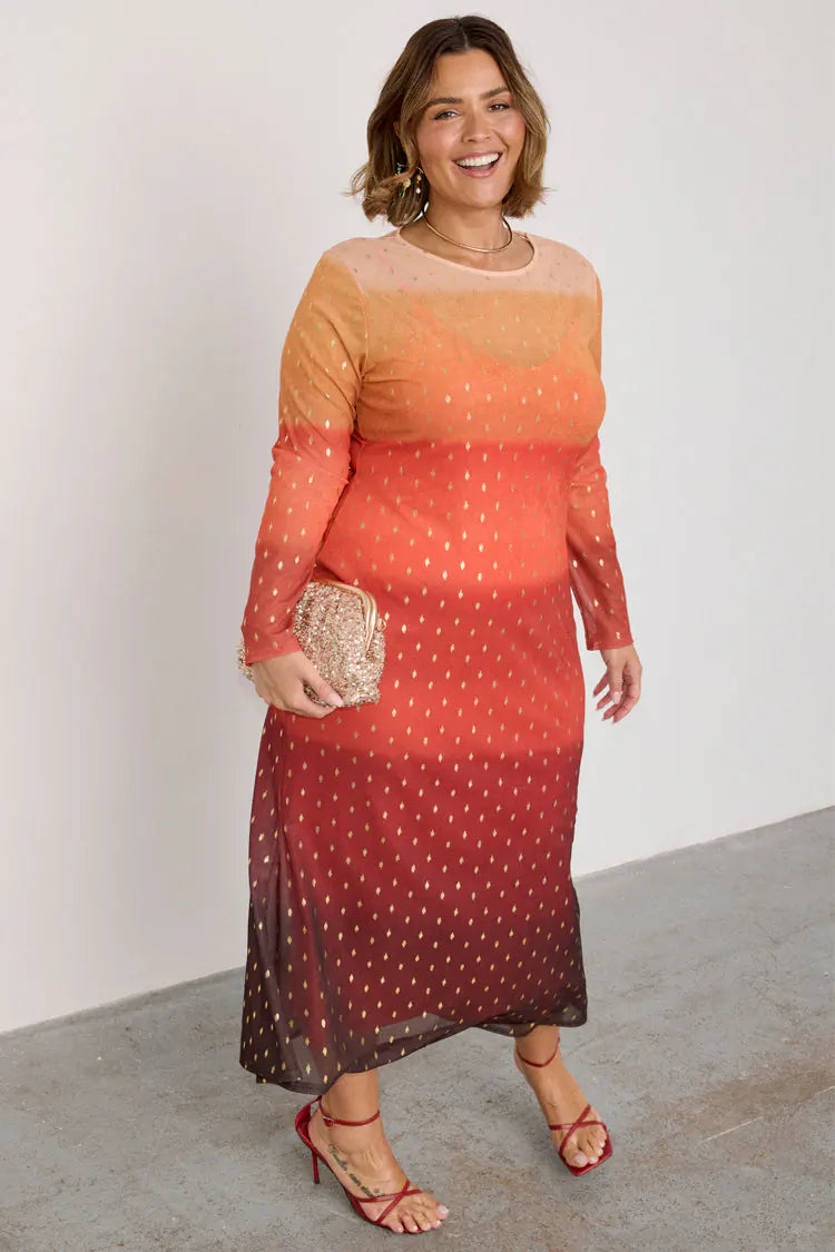 Orange sunset mesh dress in petite length